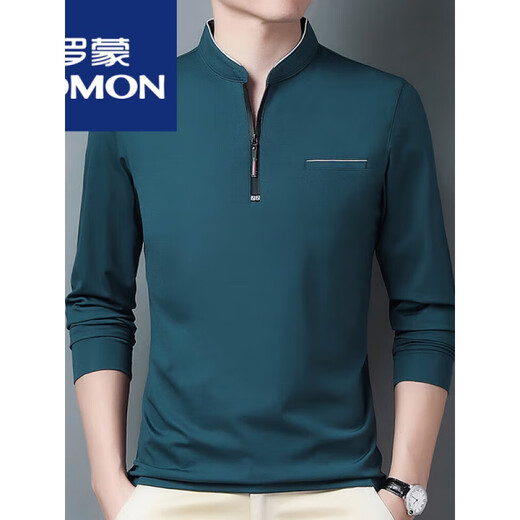罗蒙（ROMON）棉长袖t恤男休闲薄款体恤上衣春秋季中年男装立领打底衫 长袖6623哈青 薄款 XL 175建议140-160斤