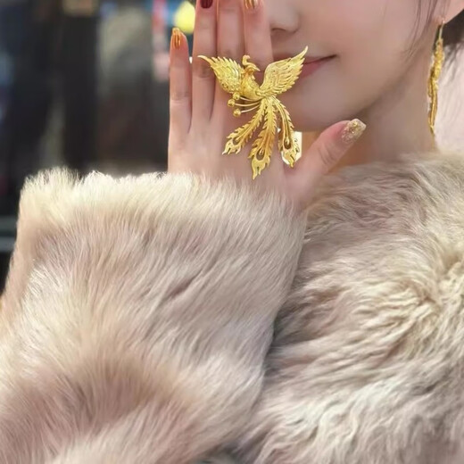 OEMG Old Phoenix Gold Store Model Feng Wu Jiutian Ring Ancient Golden Phoenix Light Luxury Wedding Three Gold Open Index Finger Ring (Feng Wu Jiutian) Ring Style Three