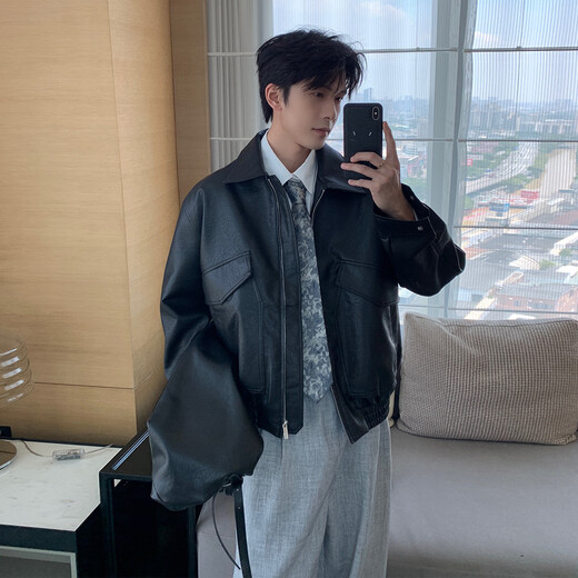 Hualun Autumn Litchi Pattern Leather Jacket Men's 2025 New Fashion Fashion Casual Handsome Style PU Leather Jacket Black M