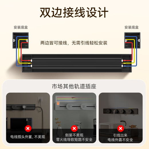 NVC雷士电工明装轨道插座 可移动壁挂式插座免开槽带灯环 75厘米+五孔*4 黑色