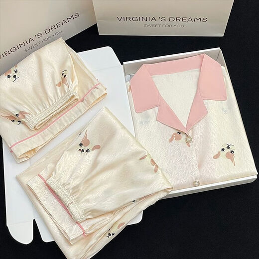 UKUHPKins小樱桃蕾丝边睡衣女夏季三件套短袖短裤长裤家居服薄 LW-9214【短袖短裤】 M 【建议80-100斤】