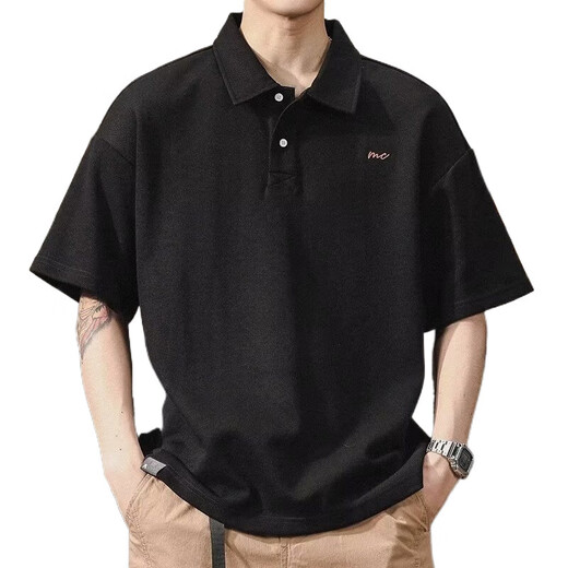 Camisa de solapa japonesa de UKUHPK Camisa de algodón de manga corta de manga corta y versátil Tendencia de cuello suelto G691 Black + Gray M [sugerido 90-110Jin [Jin iguala 0.5 kg]]]