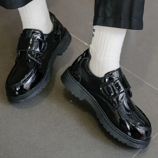 Tian Miaomiao boys' leather shoes soft sole children's campus performance shoes new style little boy performance British style student black leather shoes boys' black leather shoes upgraded Velcro style 36 size shoe inner length about 225mm