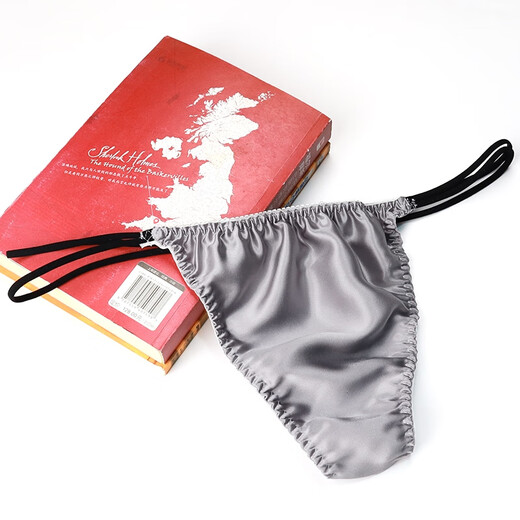 Silk low-waist men's underwear, personalized and trendy thong, mulberry silk stretch sexy double T-pants with U convex bag, silver gray L