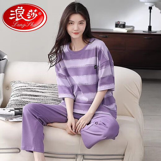 浪莎（LangSha）2025年睡衣女夏款纯棉短袖长裤卡通夏季可外穿全棉舒适家居服套装 YSH-679 M 【建议80-100斤穿】