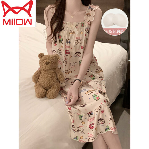 Catchero de gato (Miiow) Camislo para mujeres en verano con almohadillas de pecho de pecho de seda de seda fría pijama de verano damas dulces y lindas ropa casera primavera y otoño 3888 [almohadilla de cofre no removible] m [75-100Jin [Jin equivale a 0.5 kg]]