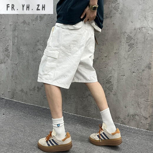 FR.YH.ZH尹小鸡 重磅水洗宽松工装大口袋白色竹节牛仔短裤五分裤男女 1049 白色 M (95-125斤)