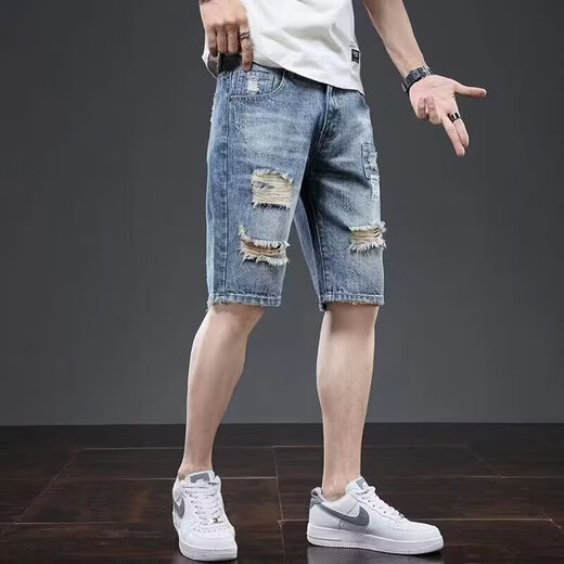 唐号破洞牛仔短裤男夏季薄款宽松直筒五分裤潮牌ins男士休闲5分中裤子 6190蓝色 蓝色 32