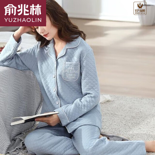 俞兆林夹层睡衣女秋冬款加厚纯棉长袖套装中年妈妈大码空气薄夹棉家居服 QM6169 2XL