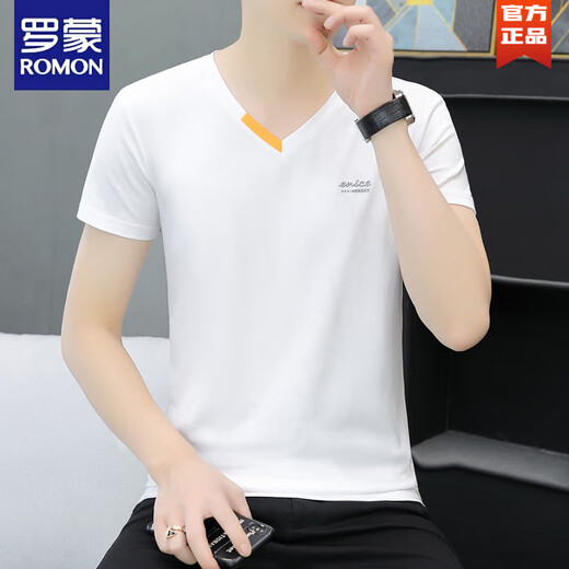 Romon Sommer neuer Männer purer Baumwoll gegen Halbschlärm T-Shirt Trendy Casual Small Letter Print Chicken Heart Kragen Kurzschlärm T-Shirt 691 Weiß M 90-100jin [Jin gleich 0,5 kg]