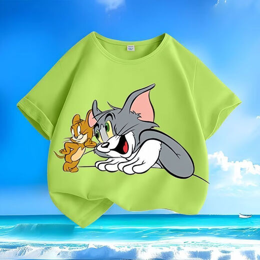 Cat and mouse summer new cartoon short-sleeved T-shirt for men and women, small and medium-sized children, pure cotton round neck, loose and versatile - SL black - KX683 Cat and mouse 150 [Suggested height 140-150 cm]