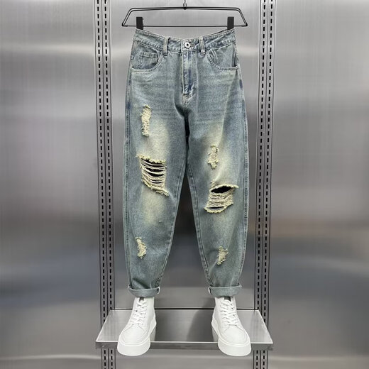 Trendy Männer zerrissene Jeans Herren Sommer dünner vielseitiger, schlanker gerade neun-Punkte-Casos-Hosen Trendige hübsche Marke Harem Pants Blue 36