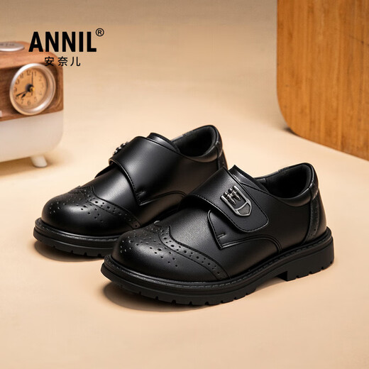 Annil (Annil) boys' leather shoes 2025 new performance small leather shoes children's leather shoes black medium and large children's black leather shoes boys 2477 black 35 inner length 22.6cm/foot length 21.6-22cm