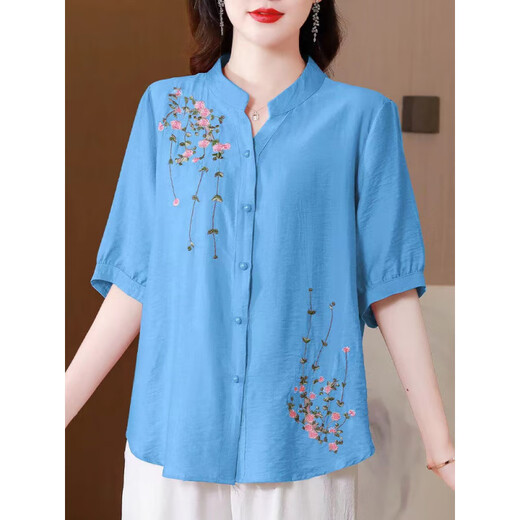 Jin Jiaoli Guangzhou Piting Woming's Shirt Summer Summer Mid-mane Algody and Lines Top for Women 2025 Nuevo bordado de estilo chino Madre para mujeres ropa Azul a 694 m alrededor de 108 Jin [Jin equivale a 0.5 kg]
