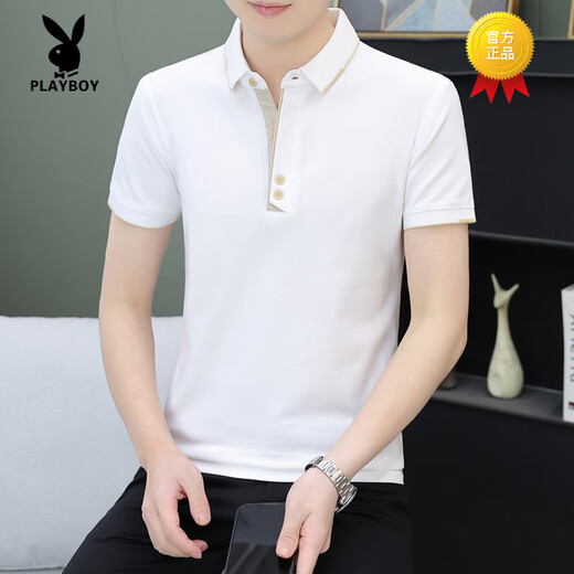花花公子（PLAYBOY）翻领男士短袖t恤夏季潮流休闲纯色polo衫修身百搭有领潮牌上衣服 杏色 QY723 M