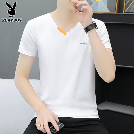 花花公子（PLAYBOY）夏季新款男士纯棉V领半袖T恤潮流休闲小字母印花鸡心领短袖体恤衫 691 蓝灰色 L 100-120斤