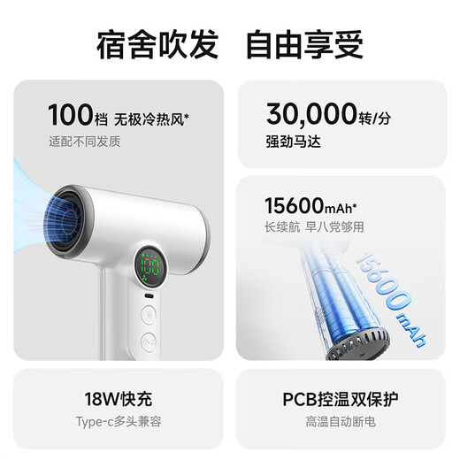 Wu Ke Rechargeable Wireless Hair Dryer Student Dormitory Special Hair Dryer Unplugged Art Entrance Exam USB Lithium Battery Blowing Hot Air High Power Pearl White/15600 mAh Battery Life + 100 Wind Levels + 30,000 RPM