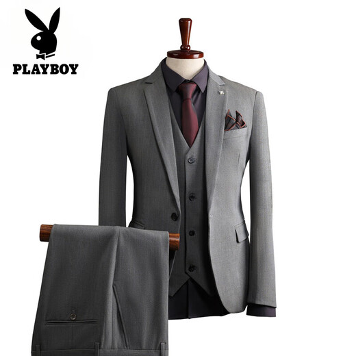 Playboy (PLAYBOY) light luxury high-end striped suit suit men's high-end business casual suit three-piece groom's wedding dress navy blue (suit + vest + pants) XL 52