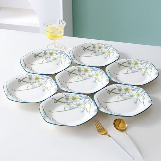 Underglaze color simple Chinese-style narcissus 6-corner plate high-end special-shaped plate household ceramic tableware set Narcissus 6-corner plate 1 piece