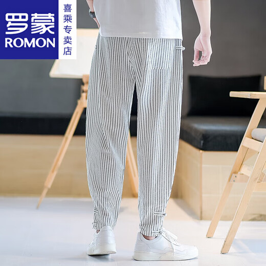罗蒙（ROMON）裤子男夏季潮牌国潮运动长裤束脚哈伦条纹男裤休闲裤亚麻九分裤 白色 XL 125-140斤