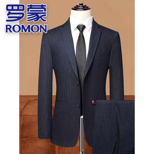 ROMON 100% pure wool men's suit high-end striped spring and autumn business casual no-iron anti-wrinkle light luxury suit black gray dark pattern M 170/48
