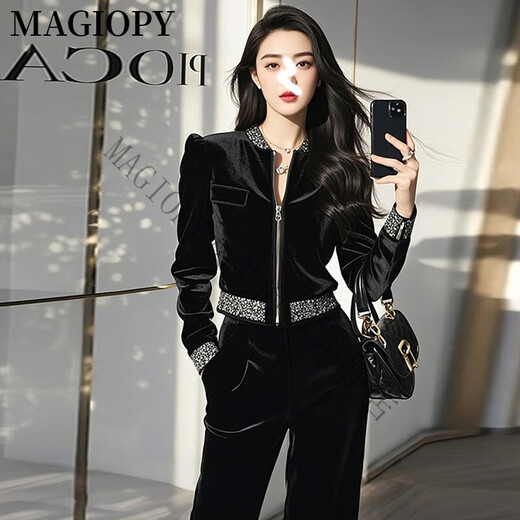 MAGIOPY国际奢侈高档品牌上流社会御姐套装女2025春季高级感黑色外套阔腿 黑色两件套 S(100斤以内)