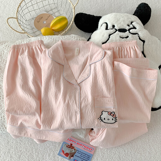 Yalu dreiteiliger Pyjamas für Frauen im Sommer 2025 Neues niedliches Cartoon Kt Katze Frühling und Herbst Dünne Wolke Baumwollkleidung WZN_9905# Drei-teilige schwarze Liebe M.