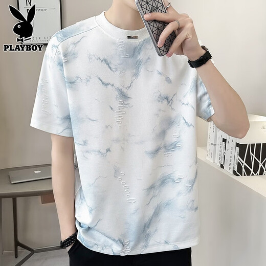 Playboy (Playboy) Andere kurzärmelige T-Shirts für Männer im Sommer trendy locker und hübsches rundes Hals halbärmelig T-Shirt für Männer 1049 White M.