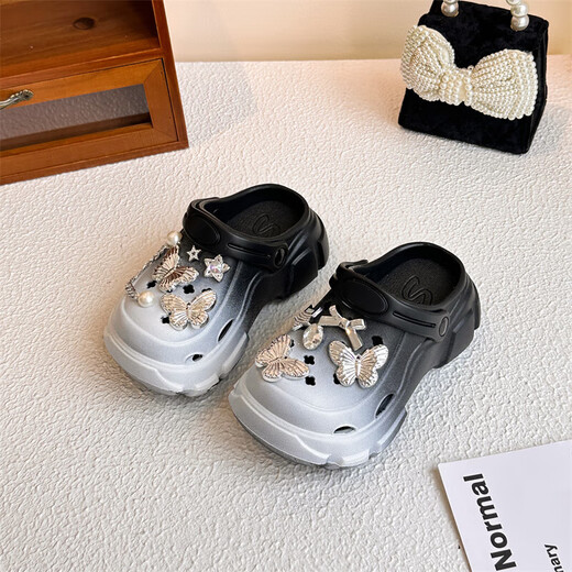Children's sandals, girls' clogs, sandals, non-slip toe-cap slippers, 2025 summer new color-blocking beach shoes, black butterfly stars, size 34-35, inner length 21cm
