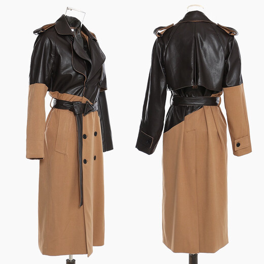 Direction simple 25 Automne et hiver épissé en cuir épreuve de vent pour les femmes Tempérament long Tempérament de la taille de la taille kaki de couleur kaki Tempérament 1396 Cuir à café foncé haute version S