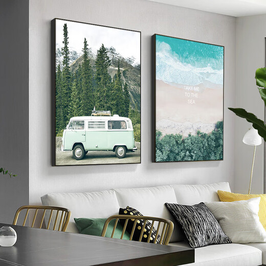 Pintura de decoración de sala de estar simple moderna, paisaje de lujo ligero, fondo de sofá de dos pares Pintura colgante de pared, dormitorio Mural de comedor, viaje 13582/13581 40*60 + imagen de cristal brillante + aleación de aluminio marco negro