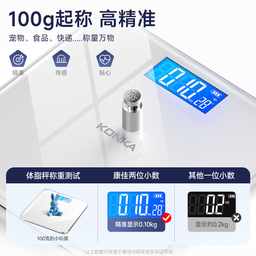 Konka Electronic Scale Weight Scale Intelligent Body Fat Scale High Accurate Electronic Scale Household Weight Weight Loss Sports and Fitness Special Scale 81 Health Data Monitoring [Weight Scale] Fashion White-Intelligent Temperature Measurement [Accurate 0.1KG] Battery