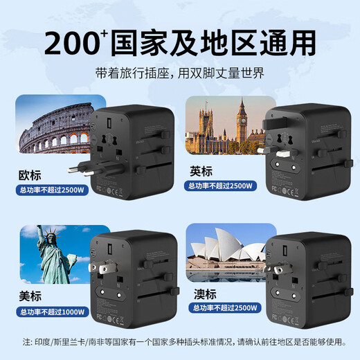 Philips (PHILIPS) Global Universal Conversion Plug and Socket Converter International Travel, Study Abroad Conversion Plug, Japan, Korea, Europe, America, Australia, British Standard, China, Hong Kong and Australia Available Hot Style Upgrade 15W Fast Charge 2A+1C Black