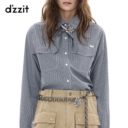 DZZIT Liu Haocun's same style Disu long-sleeved shirt 2025 winter new plaid tie top for women 3J4C4113T dark blue XS