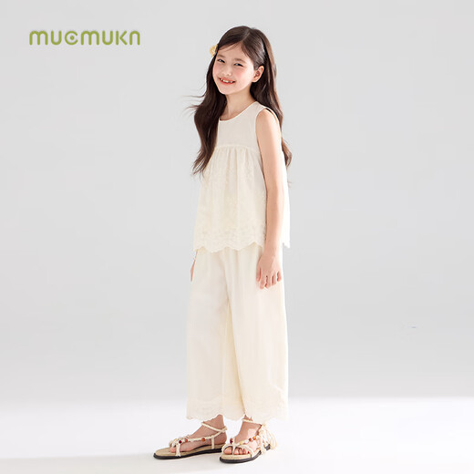 Mucmukn【岛城夏日】天丝莱赛尔 花边无袖背心小衫海边度假阔腿裤女童夏 衬衫M52XC3881A米色 110