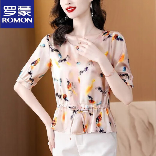 罗蒙（ROMON）重磅真丝衬衫女夏季新款洋气减龄显瘦遮肚印花短袖桑蚕丝小衫 花色 9855# M 90-105斤