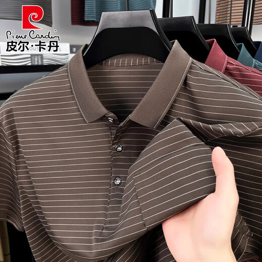 皮尔卡丹（pierre cardin）夏季新款男士宽松短袖全棉t恤50-60岁休闲真口袋条纹中年POLO.衫 9757桔色 S 165/48 建议90-110斤