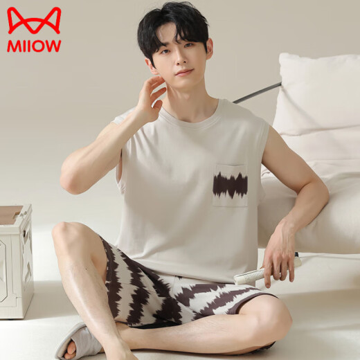 Catman (Miiow) Pajamas de hombres de algodón puro, pantalones cortos de chaleco de verano, ropa para el hogar de talla grande se puede usar fuera de 2025 Nuevo estilo OM13657# L