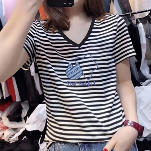 Gtyuwvg reines Baumwollwesen V-Ausschnitt mit kurzer Ärmel T-Shirt für Frauen 2025 neue europäische Waren Schulter Hühnchen Herzkragen gestreiftes Druck T-Shirt Top Trend 6223 Schwarz-Weiß-Streifen V-Ausschnitt S
