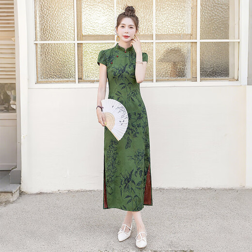 Sichuan sie neue chinesische cheongsam 2025 Sommer Neues Frauen Retro Kurzarm Ständer Kragen mittenlanger Kleid