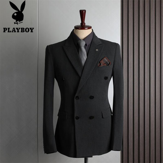 Playboy (PLAYBOY) high-quality suit men's British style double-breasted business casual suit three-piece groom's wedding dress medium gray (suit + pants) M 48