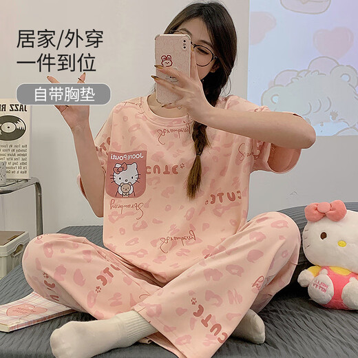 
MONTAGUT (MONTAGUT) pajamas with chest pad for women in summer short-sleeved trousers round neck 2025 new cartoon KT cat girl home clothing set JYR9207 M