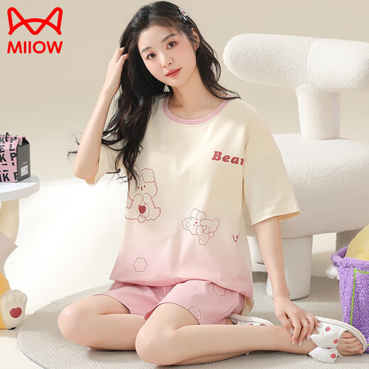猫人（MiiOW）2025年夏季新款睡衣女纯棉短袖短裤胖妹妹加大码带胸垫家居服套装 3519短袖套没胸垫 M