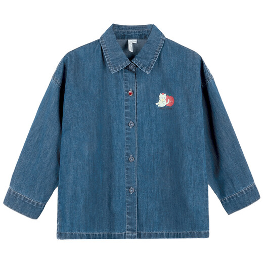 INMAN Children's Clothing Girls Light Denim Shirt Cat Print Spring and Autumn Fashion Lapel Shirt for Middle and Large Children Denim Blue 120