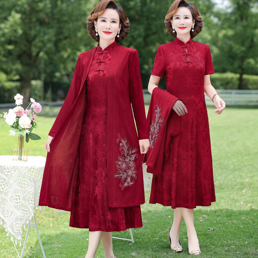 酷章（KUZHANG）喜婆婆婚宴套装妈妈春夏秋连衣裙高贵旗袍裙子新款结婚礼服两件套 9277绿色 两件套连衣裙 M 80-95斤