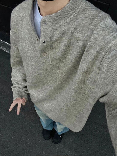 Xiaohongshu’s popular American vintage Henry collar sweater men’s winter lazy style buttoned sweater cleanf inner dark gray upgraded version 90 options M M