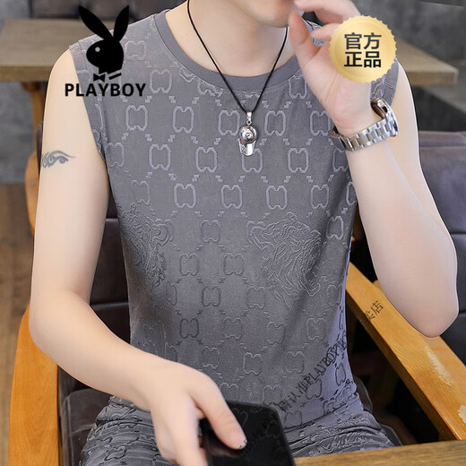 花花公子（PLAYBOY）2025夏季新款男士冰丝提花背心加肥加大码速干无痕无袖T恤衫 【单件上衣】Q6629灰色 XL 130-150斤