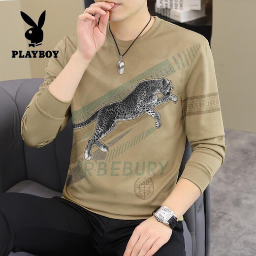 花花公子（PLAYBOY）2025春秋新款男士长袖T恤小衫个性欧货卫衣打底衫加大码男装上衣 【春秋】6628卡其 薄款 M 90-115斤
