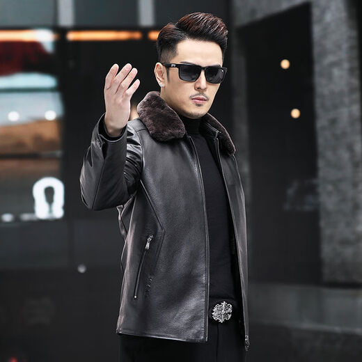 VBA头层牛皮羊毛领羊毛内胆加厚海宁真皮皮衣男皮夹克冬外套5598 黑色 M M95-105斤