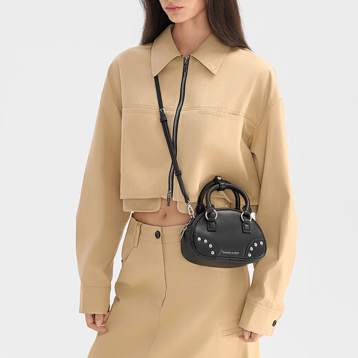 CHARLES/KEITH25 autumn new product fashion rivet hand-held bowling bag crossbody bag Chinese Valentine's gift CK2-30782707 Noir black S